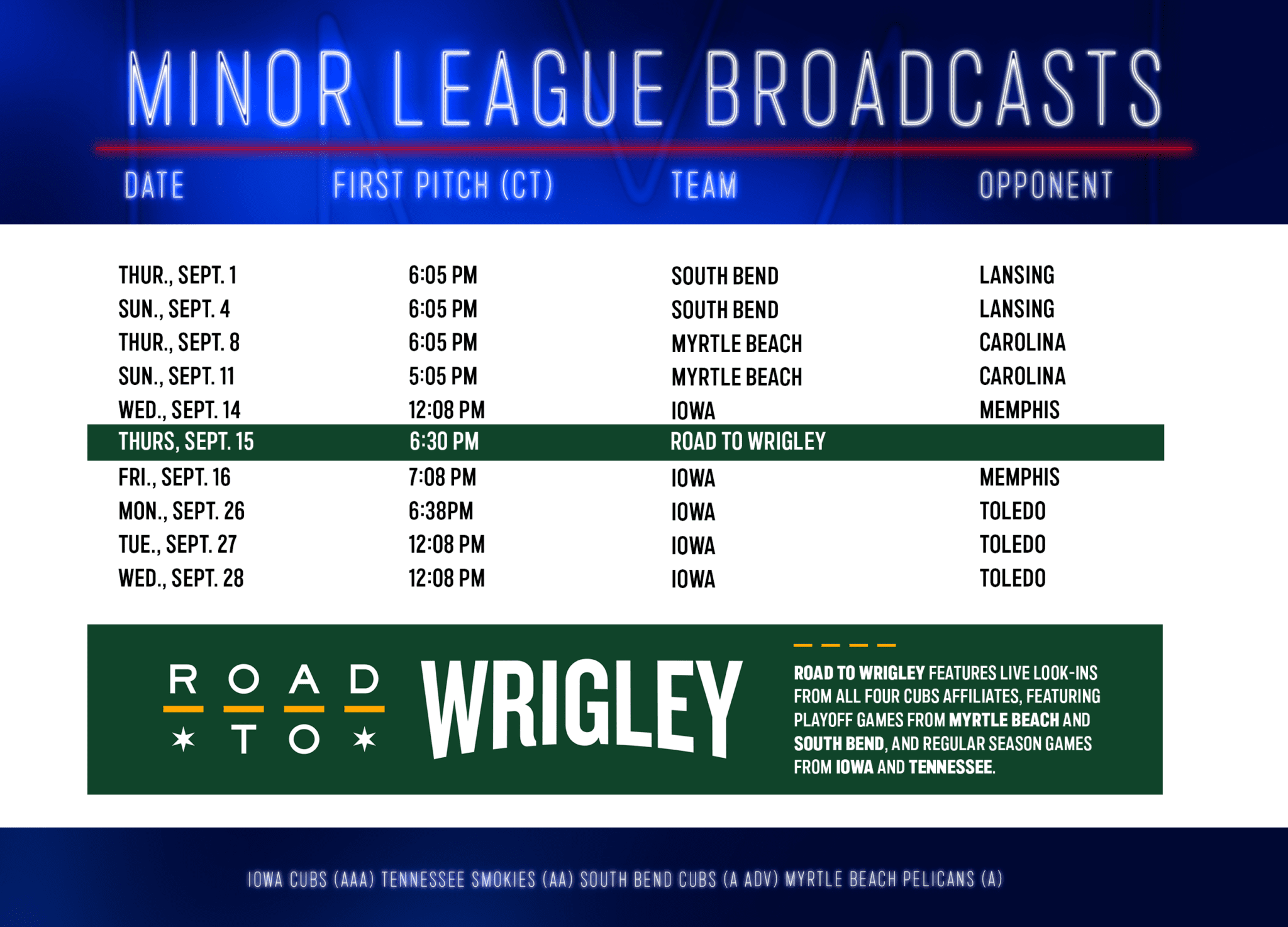 Minor League Schedule Road To Wrigley 9.6